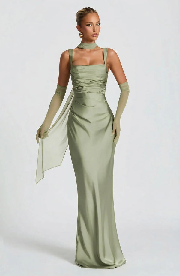 Square Neck Satin Maxi Dress Tie-Back – Calanthe