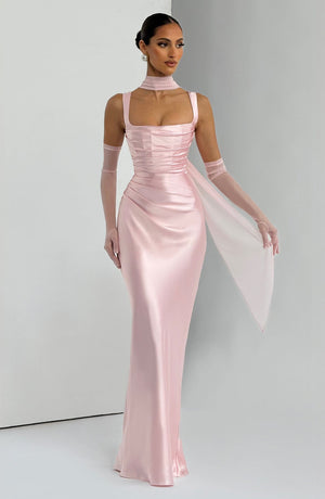 Square Neck Satin Maxi Dress Tie-Back – Calanthe - Bellux