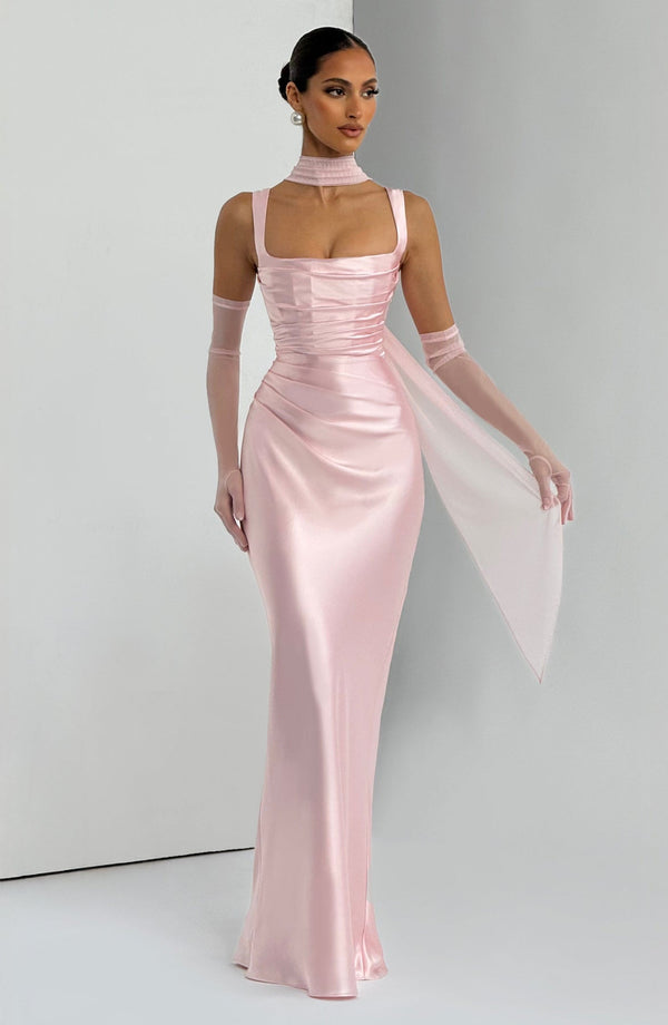 Square Neck Satin Maxi Dress Tie-Back – Calanthe - Bellux
