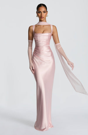 Square Neck Satin Maxi Dress Tie-Back – Calanthe - Bellux