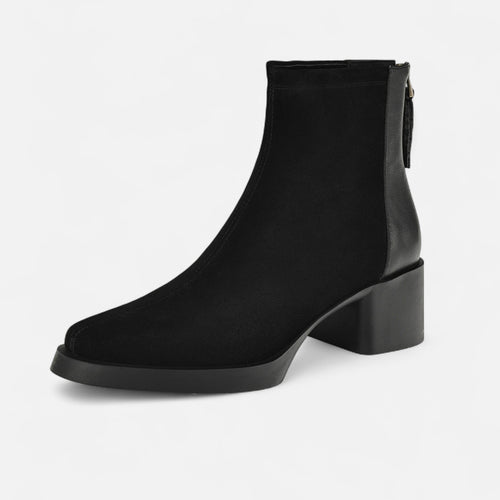Square-Toe Ankle Boots Plush-Lined Cow Suede – Amelie - Black - Bellux