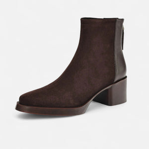 Square-Toe Ankle Boots Plush-Lined Cow Suede – Amelie - Brown - Bellux