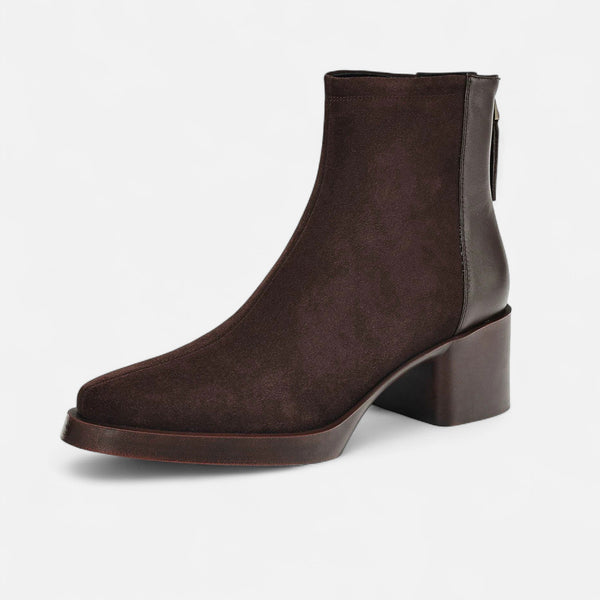 Square-Toe Ankle Boots Plush-Lined Cow Suede – Amelie - Brown - Bellux