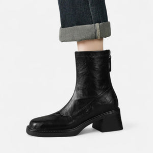 Square-Toe Ankle Boots Stable Heel Leather – Cordelia - Bellux