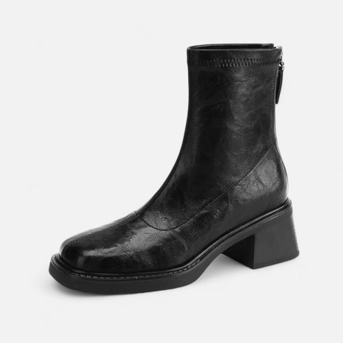 Square-Toe Ankle Boots Stable Heel Leather – Cordelia - Black - Bellux