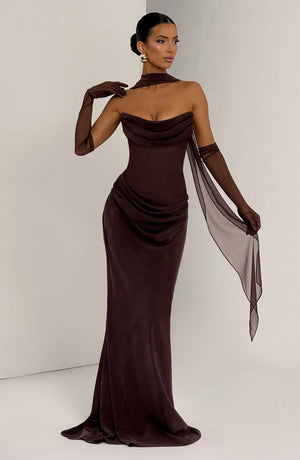 Strapless Cowl Neck Maxi Dress Tailored Fit – Liora - Bellux