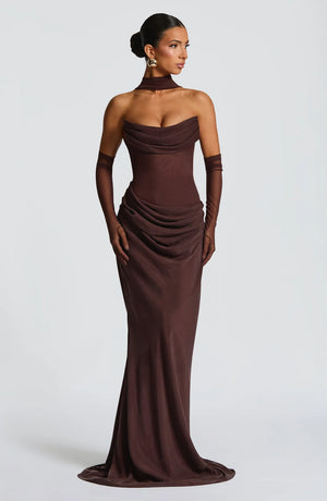 Strapless Cowl Neck Maxi Dress Tailored Fit – Liora - Bellux