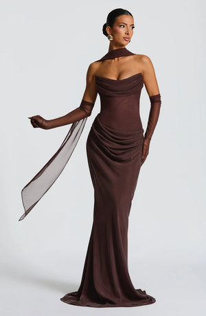 Strapless Cowl Neck Maxi Dress Tailored Fit – Liora - Bellux