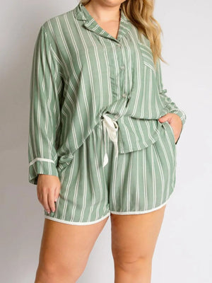 Striped Collared Pyjama Set - Button-Front - Juno - Sage - Bellux
