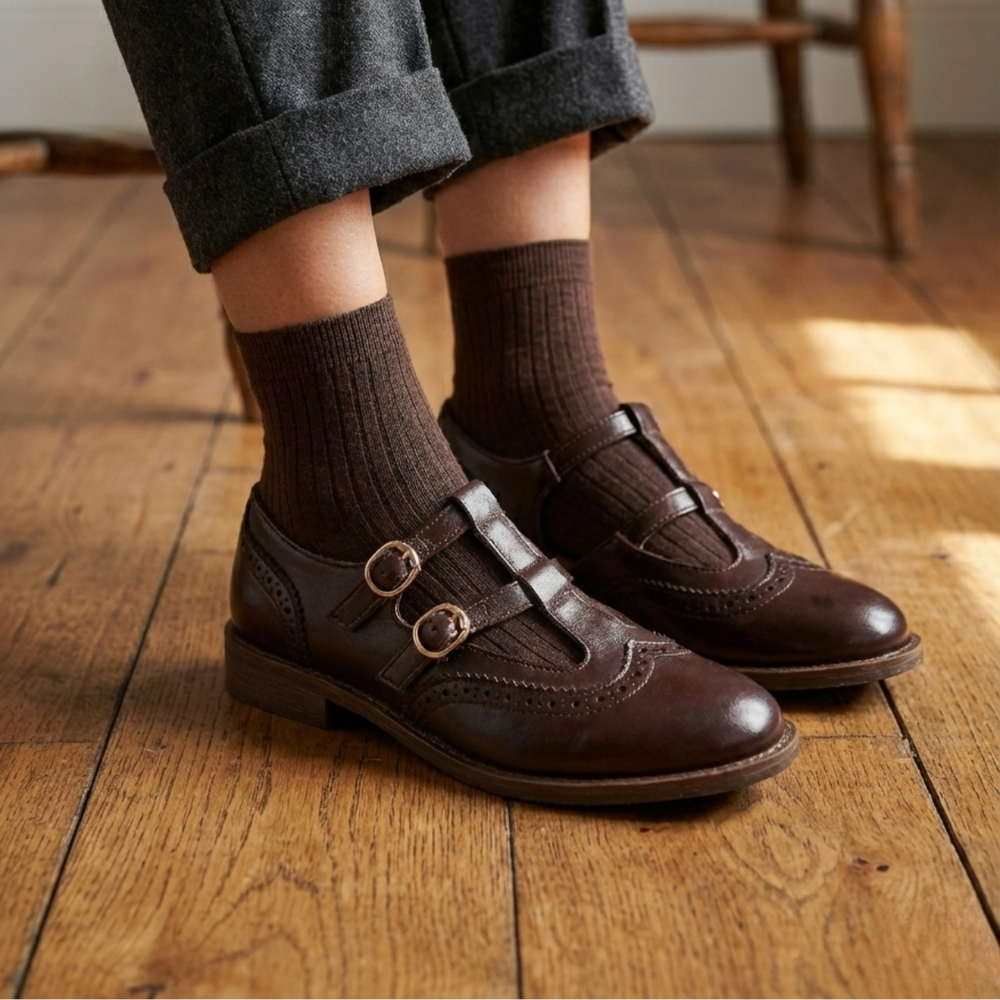 T-Bar Mary Jane Flats Cushioned Insole – Marjorie - Brown - Bellux