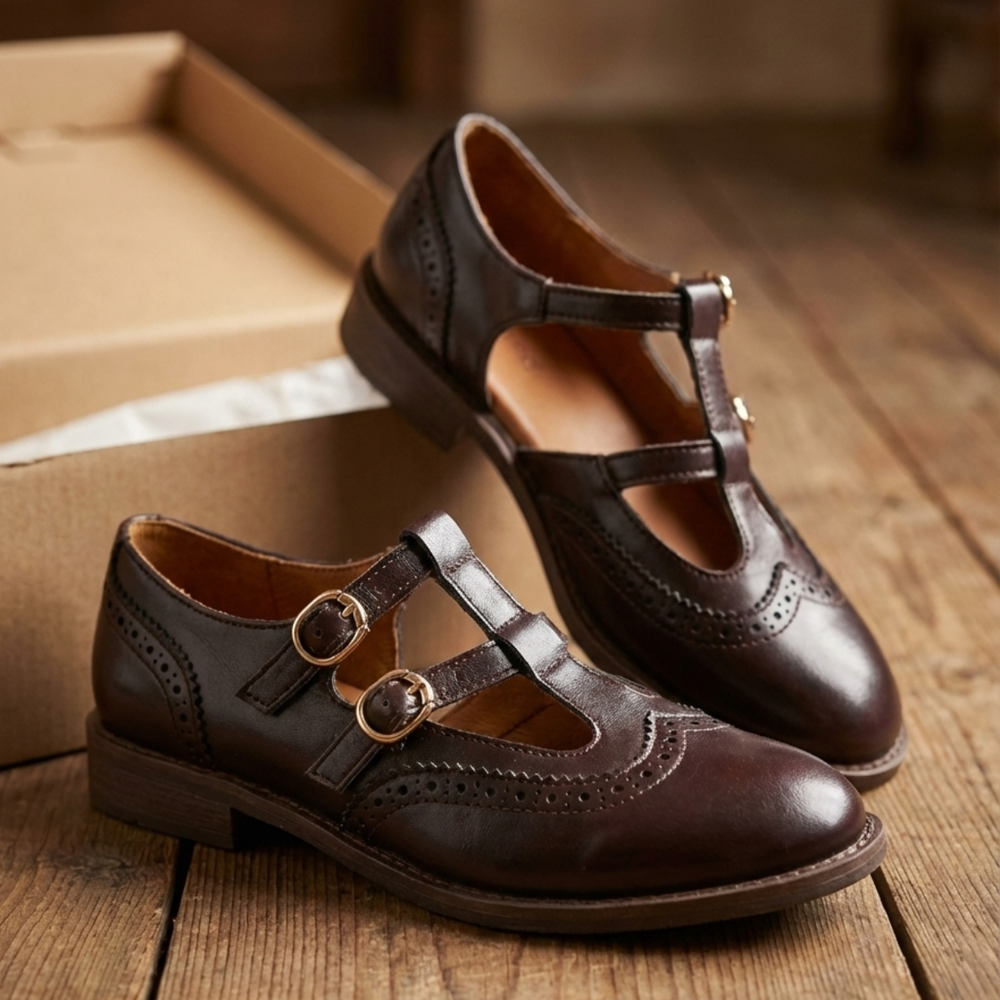 T-Bar Mary Jane Flats Cushioned Insole – Marjorie - Brown - Bellux