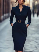 Tailored Pencil Midi Dress Belted Sculpting – Constance - Navy blue - Bellux