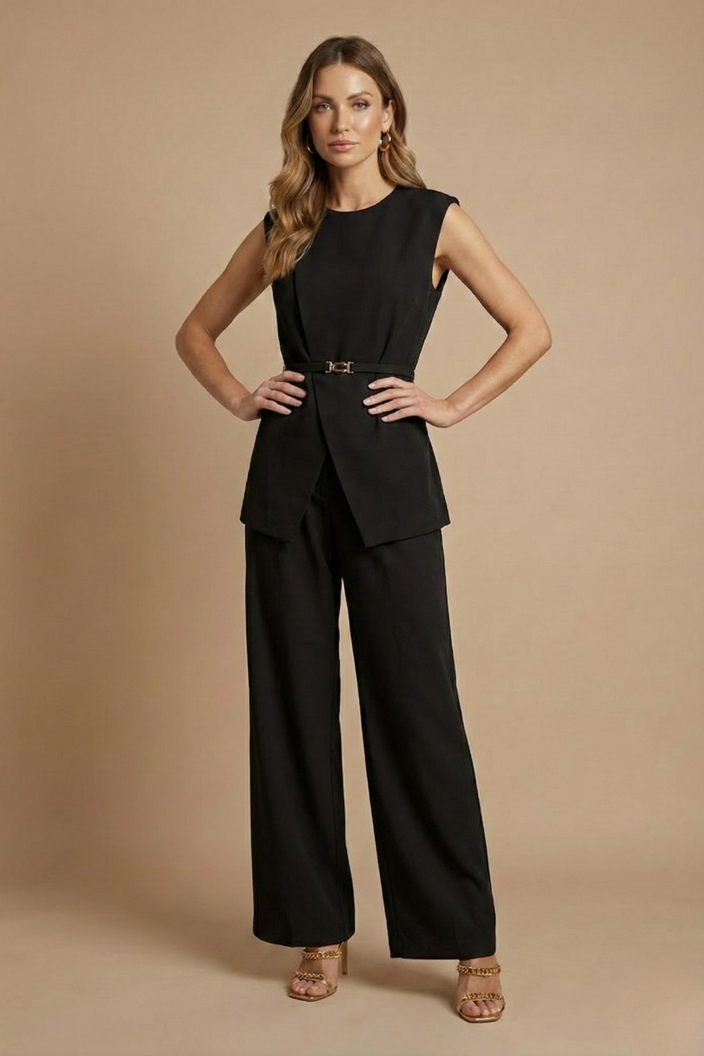 Tailored Two-Piece Set – Structured Top & Wide Leg – Etta - Black - Bellux