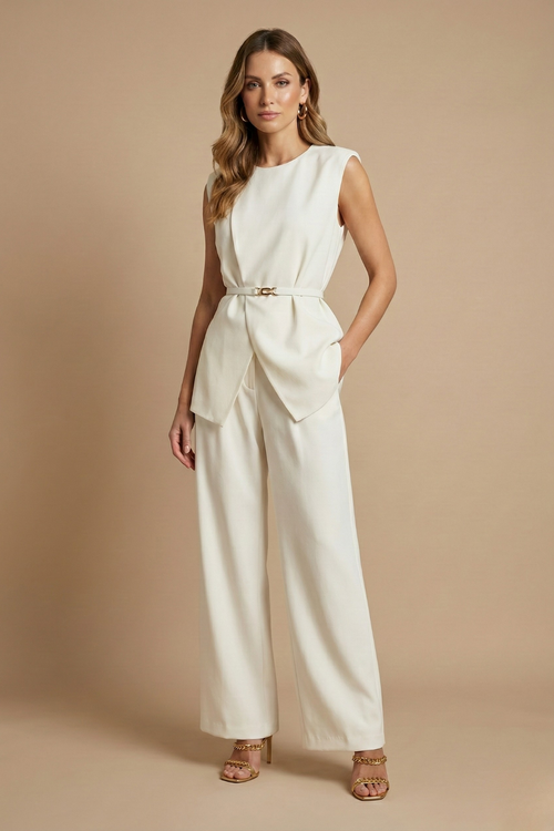 Tailored Two-Piece Set – Structured Top & Wide Leg – Etta - White - Bellux