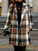 Thigh-Length Tailored Lined Overcoat Wool-Effect – Ianthe - Brown Checkered - Bellux