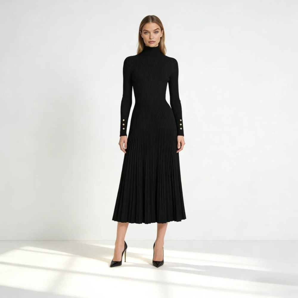 Turtleneck Pleated Midi Dress – Figure-Flattering Violet - Black - Bellux