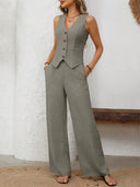 Wide Leg Trousers & V-Neck Button-Down Vest – Carys - Bellux