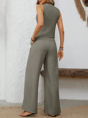 Wide Leg Trousers & V-Neck Button-Down Vest – Carys - Bellux