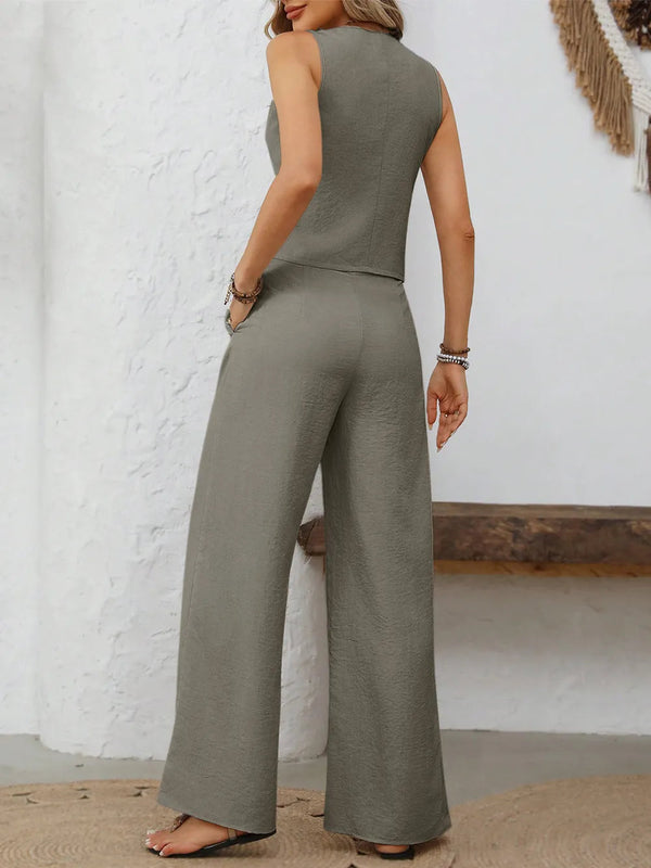 Wide Leg Trousers & V-Neck Button-Down Vest – Carys - Bellux