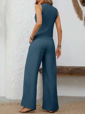 Wide Leg Trousers & V-Neck Button-Down Vest – Carys - Bellux
