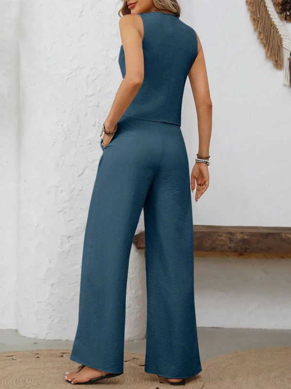 Wide Leg Trousers & V-Neck Button-Down Vest – Carys - Bellux