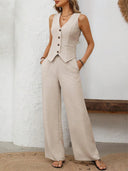 Wide Leg Trousers & V-Neck Button-Down Vest – Carys - Dust Storm - Bellux