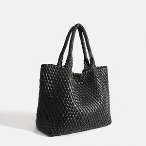 Woven Commuter Tote – Spacious Vegan Leather – Isla - Black - Bellux