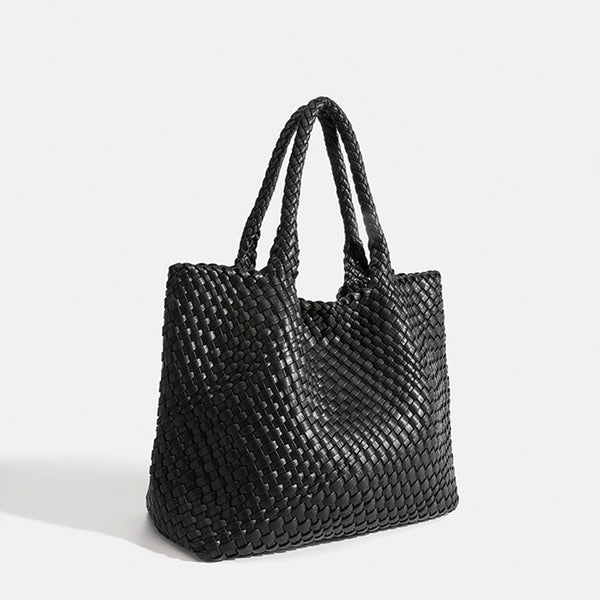 Woven Commuter Tote – Spacious Vegan Leather – Isla - Black - Bellux