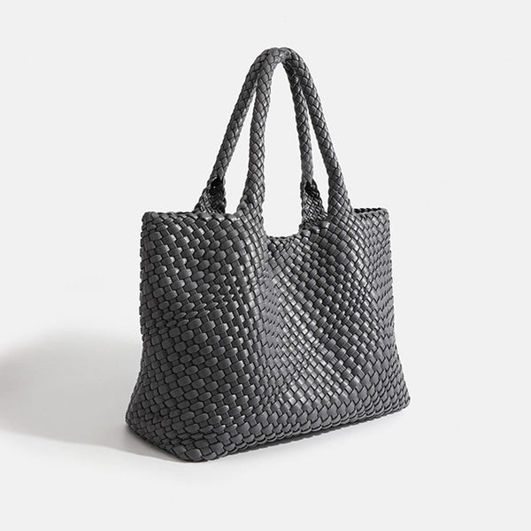 Woven Commuter Tote – Spacious Vegan Leather – Isla - Dark Gray - Bellux