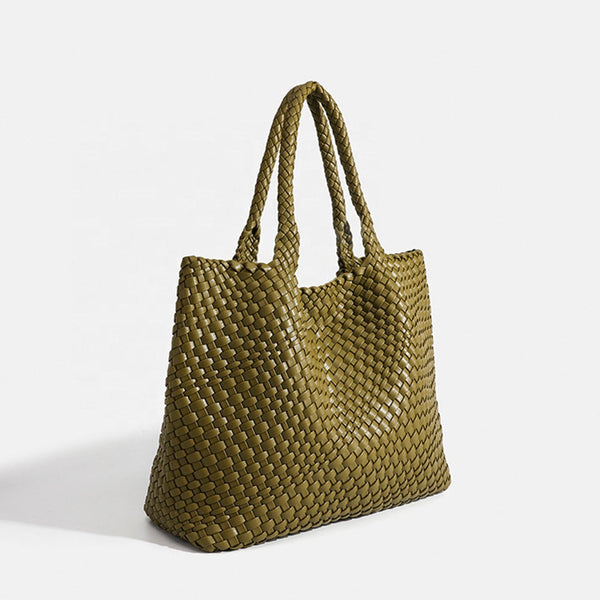 Woven Commuter Tote – Spacious Vegan Leather – Isla - Olive Green - Bellux