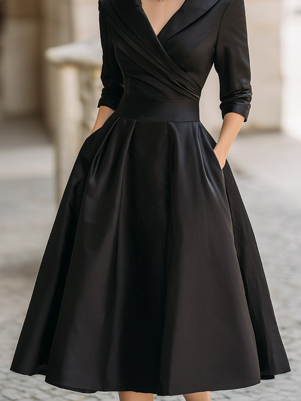 Wrap-Collar Midi Dress Waist-Defining 3/4 Sleeve – Mariselle - Bellux