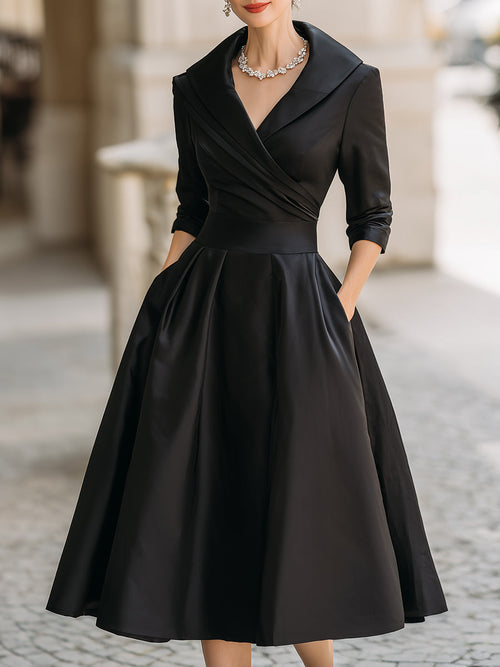 Wrap-Collar Midi Dress Waist-Defining 3/4 Sleeve – Mariselle - Black - Bellux