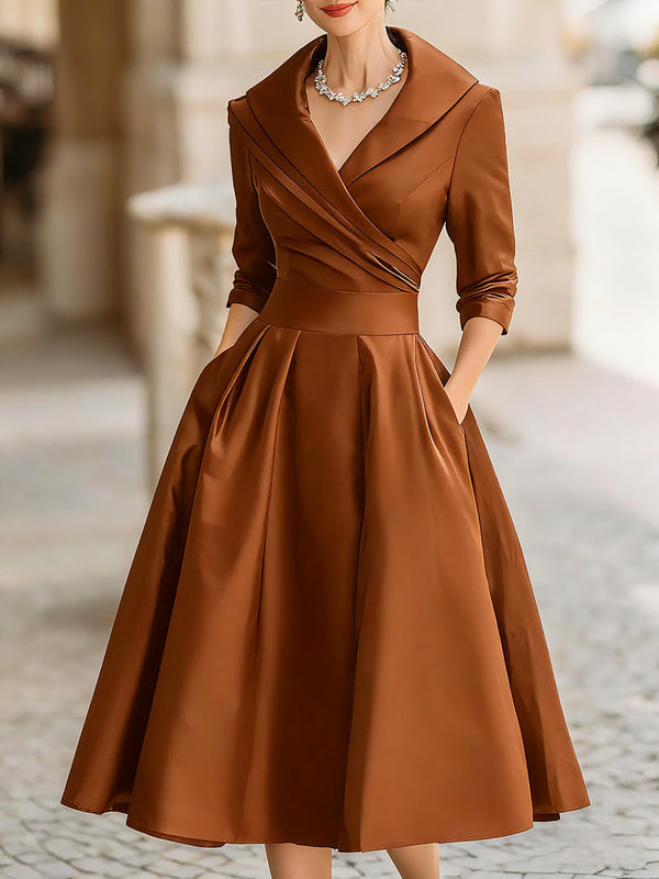 Wrap-Collar Midi Dress Waist-Defining 3/4 Sleeve – Mariselle - Brown - Bellux