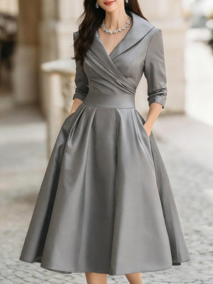 Wrap-Collar Midi Dress Waist-Defining 3/4 Sleeve – Mariselle - Grey - Bellux