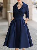 Wrap-Collar Midi Dress Waist-Defining 3/4 Sleeve – Mariselle - Navy blue - Bellux