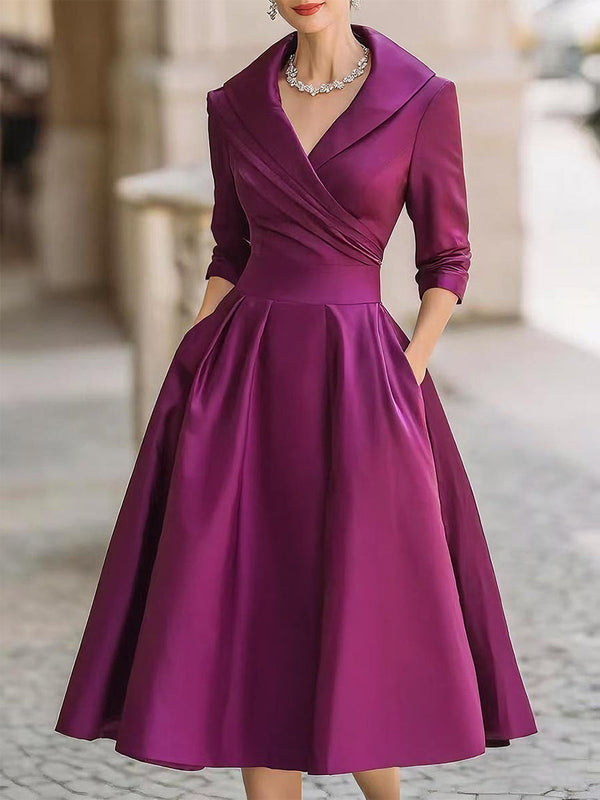 Wrap-Collar Midi Dress Waist-Defining 3/4 Sleeve – Mariselle - Purple - Bellux