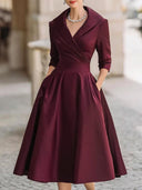 Wrap-Collar Midi Dress Waist-Defining 3/4 Sleeve – Mariselle - Wino - Bellux