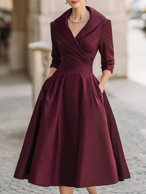 Wrap-Collar Midi Dress Waist-Defining 3/4 Sleeve – Mariselle - Wino - Bellux