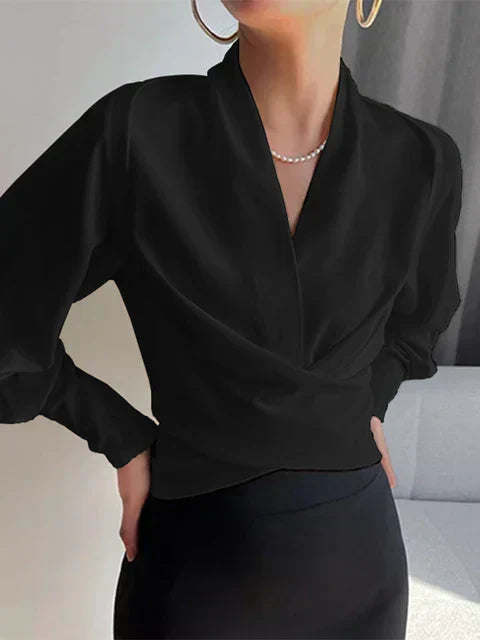 Wrap-Front Blouse Figure-Flattering Long Sleeve – Juno - White - Bellux