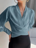 Wrap-Front Blouse Figure-Flattering Long Sleeve – Juno - Blue - Bellux
