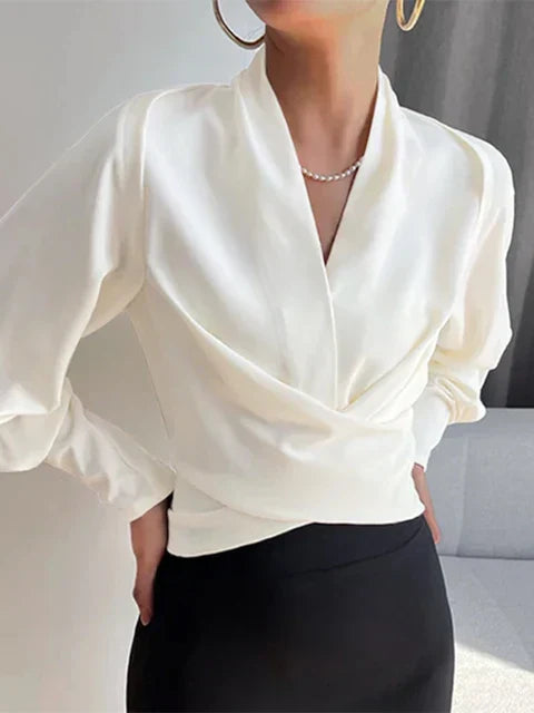 Wrap-Front Blouse Figure-Flattering Long Sleeve – Juno - White - Bellux