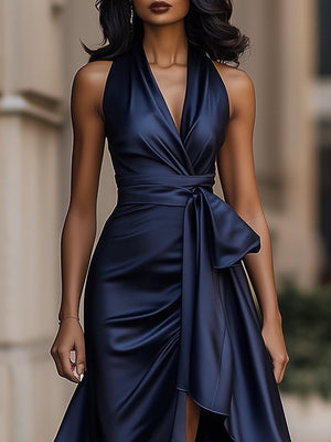 Wrap Maxi Dress Waist-Defining Asymmetric Hem - Bellux