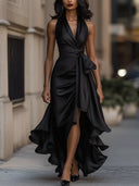 Wrap Maxi Dress Waist-Defining Asymmetric Hem - Black - Bellux