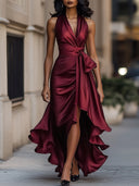 Wrap Maxi Dress Waist-Defining Asymmetric Hem - Burgundy - Bellux