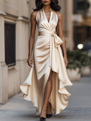 Wrap Maxi Dress Waist-Defining Asymmetric Hem - Champagne - Bellux