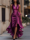 Wrap Maxi Dress Waist-Defining Asymmetric Hem - Fuchsia - Bellux
