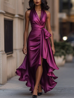 Wrap Maxi Dress Waist-Defining Asymmetric Hem - Fuchsia - Bellux
