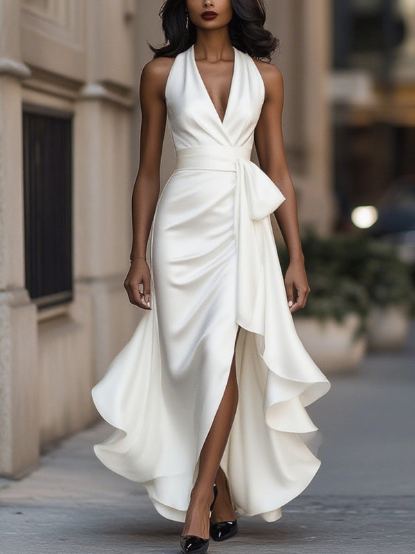 Wrap Maxi Dress Waist-Defining Asymmetric Hem - White - Bellux