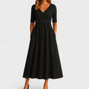 Wrap V-Neck Midi Dress Empire Waist & Pockets – Eulalie - Black - Bellux