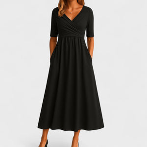 Wrap V-Neck Midi Dress Empire Waist & Pockets – Eulalie - Black - Bellux